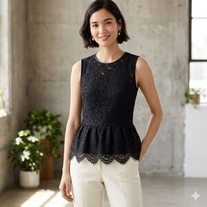 J.Crew Black Lace Top Peplum Sleeveless Size 6 Feminine Delicate Girlie
